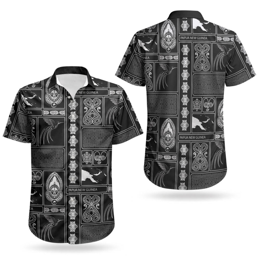 Papua New Guinea Heritage Motif Couples Matching Short Sleeve Bodycon Dress and Hawaiian Shirt Black Version LT05 - Polynesian Pride
