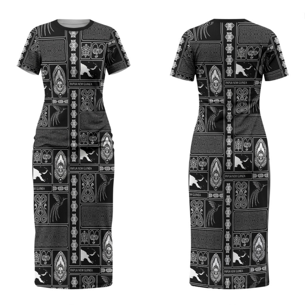 Papua New Guinea Heritage Motif Couples Matching Short Sleeve Bodycon Dress and Hawaiian Shirt Black Version LT05 - Polynesian Pride