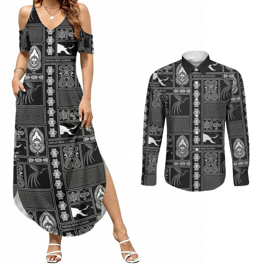 Papua New Guinea Heritage Motif Couples Matching Summer Maxi Dress and Long Sleeve Button Shirt Black Version LT05 Black - Polynesian Pride