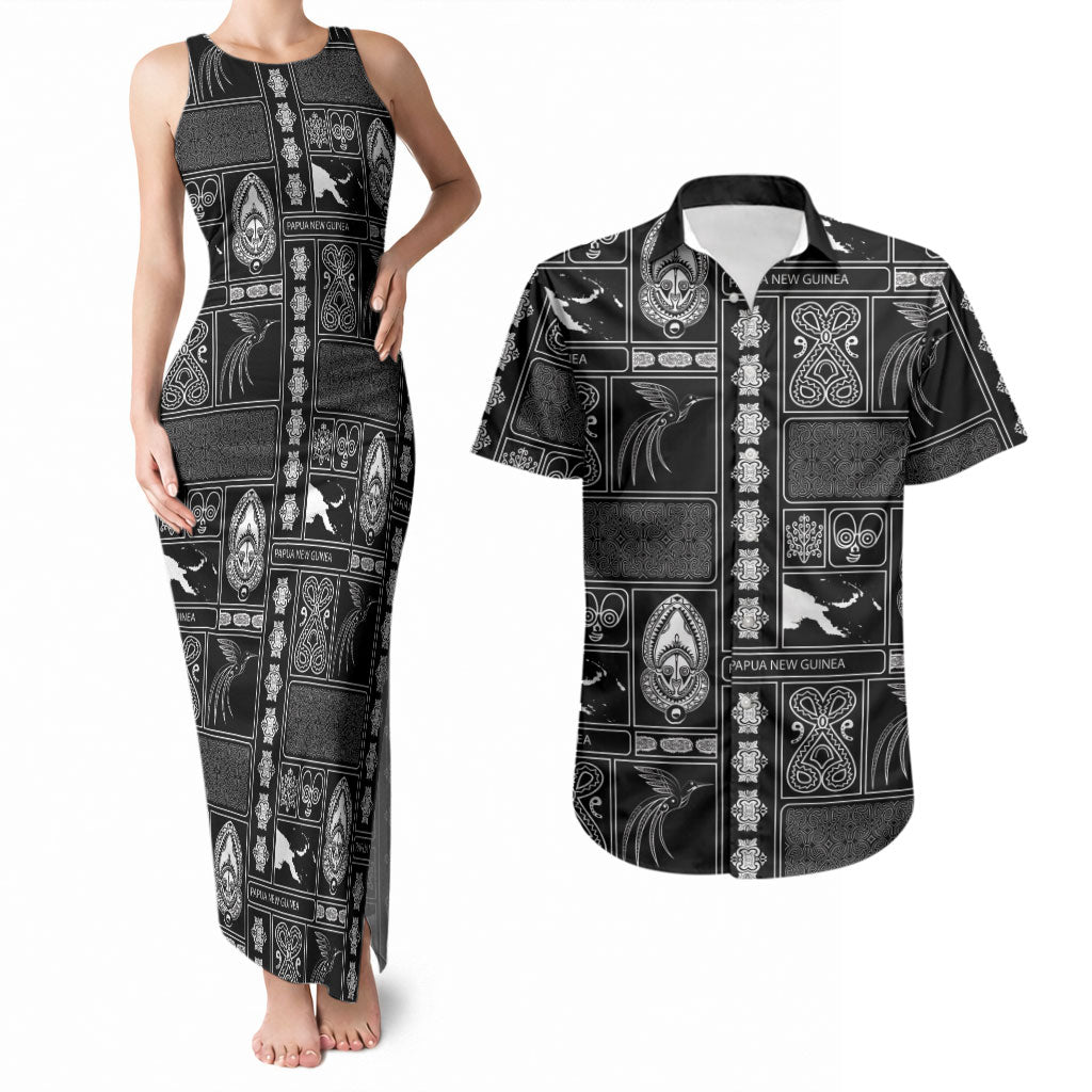 Papua New Guinea Heritage Motif Couples Matching Tank Maxi Dress and Hawaiian Shirt Black Version LT05 Black - Polynesian Pride