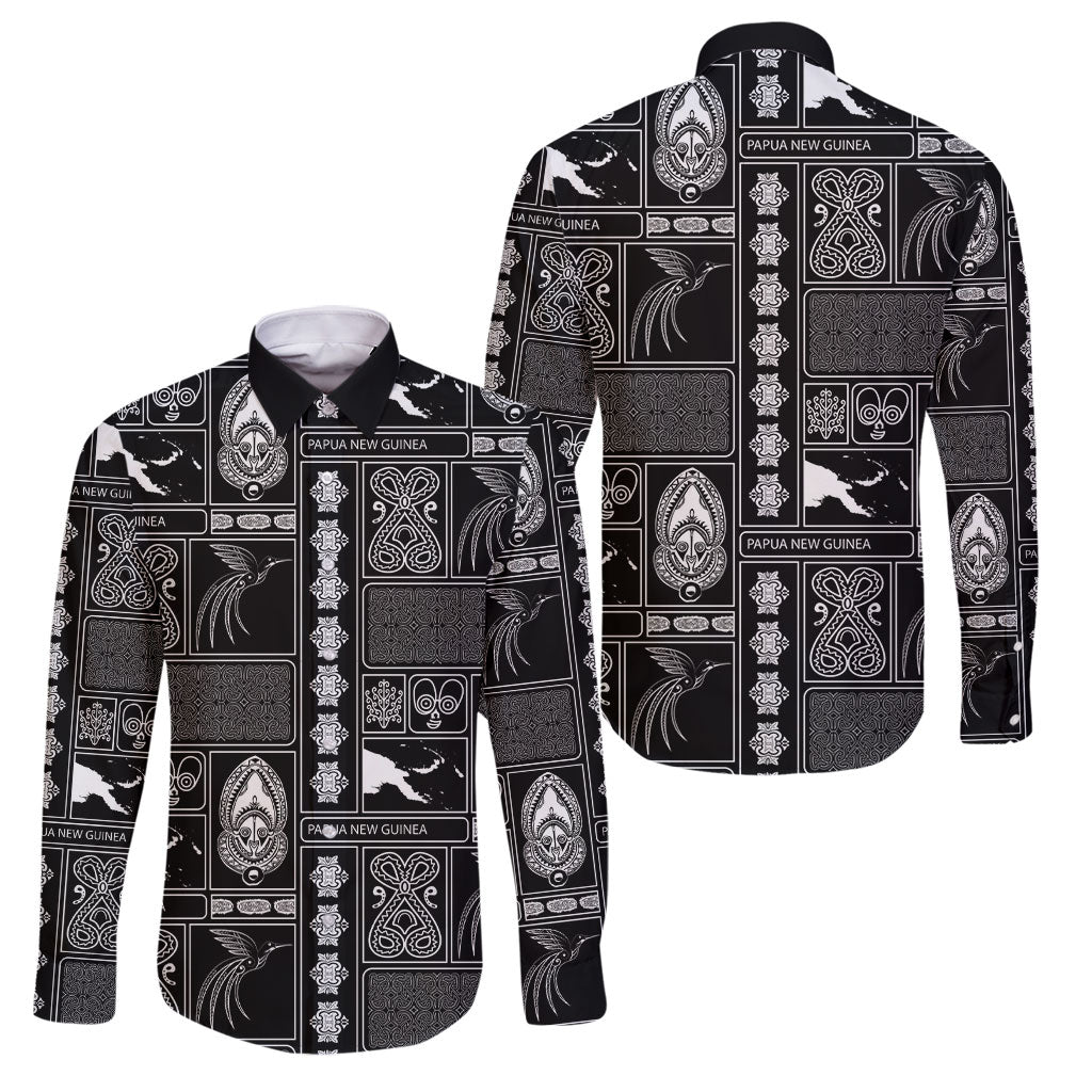 Papua New Guinea Heritage Motif Family Matching Off Shoulder Maxi Dress and Hawaiian Shirt Black Version LT05 Dad's Shirt - Long Sleeve Black - Polynesian Pride