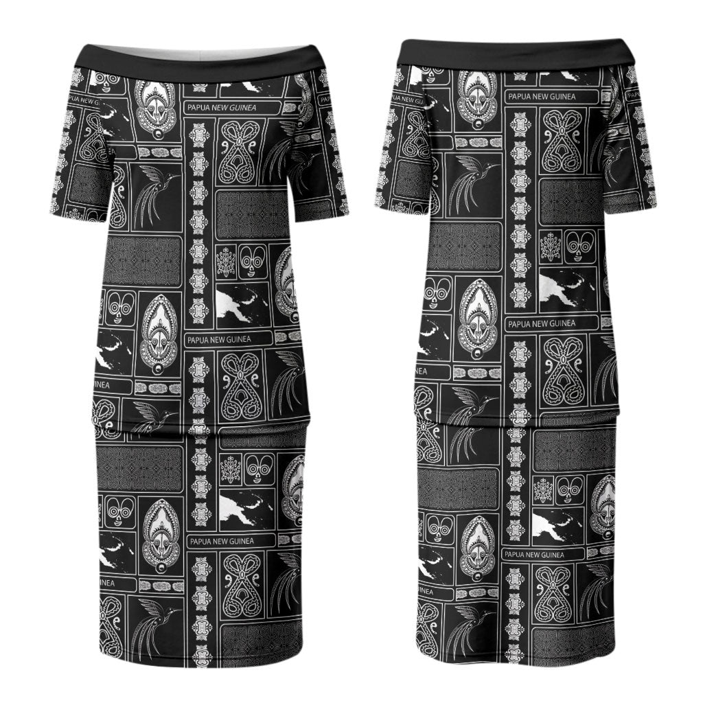 Papua New Guinea Heritage Motif Family Matching Puletasi and Hawaiian Shirt Black Version LT05 Mom's Dress Black - Polynesian Pride