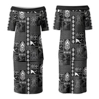 Papua New Guinea Heritage Motif Family Matching Puletasi and Hawaiian Shirt Black Version LT05 Mom's Dress Black - Polynesian Pride