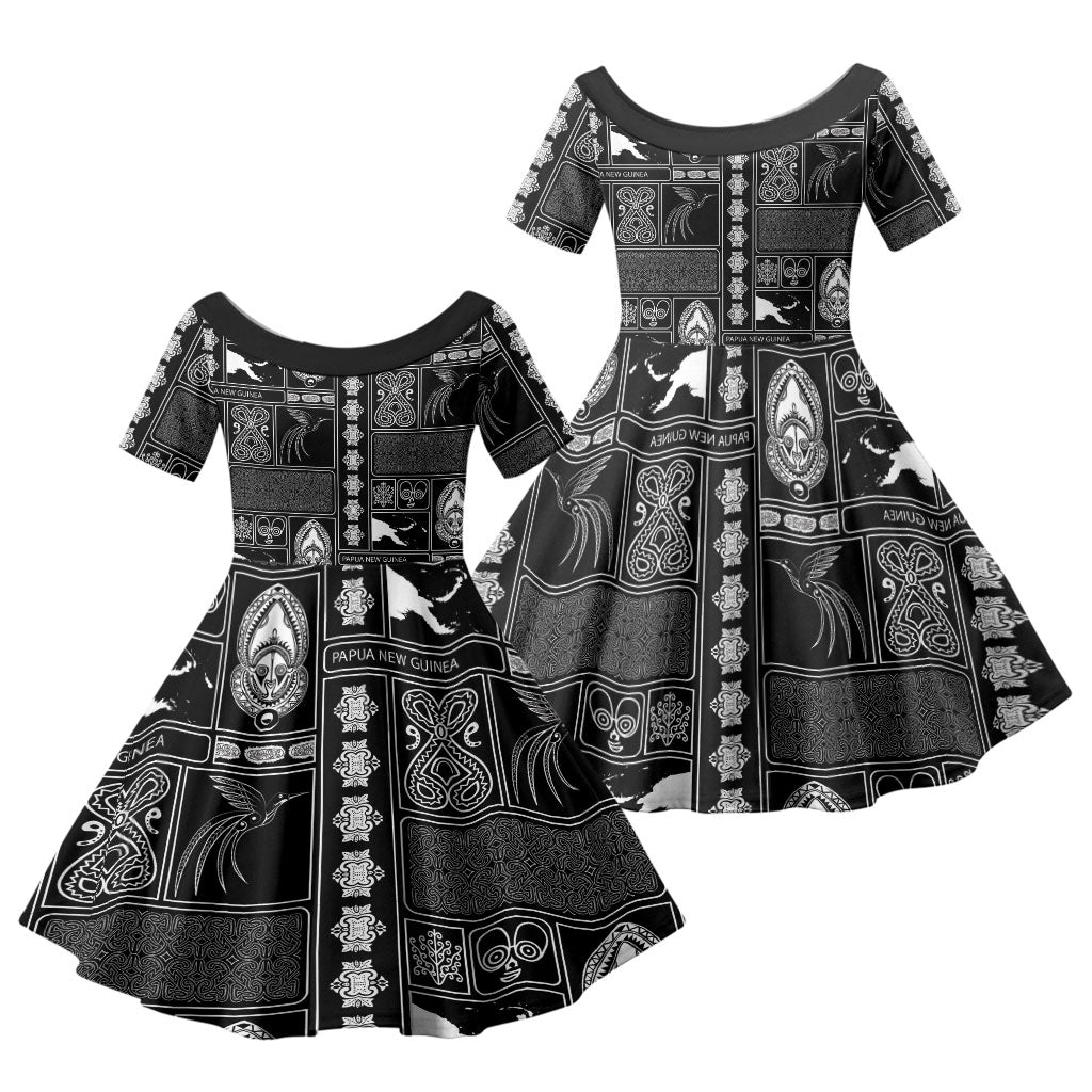 Papua New Guinea Heritage Motif Family Matching Puletasi and Hawaiian Shirt Black Version LT05 Daughter's Dress Black - Polynesian Pride