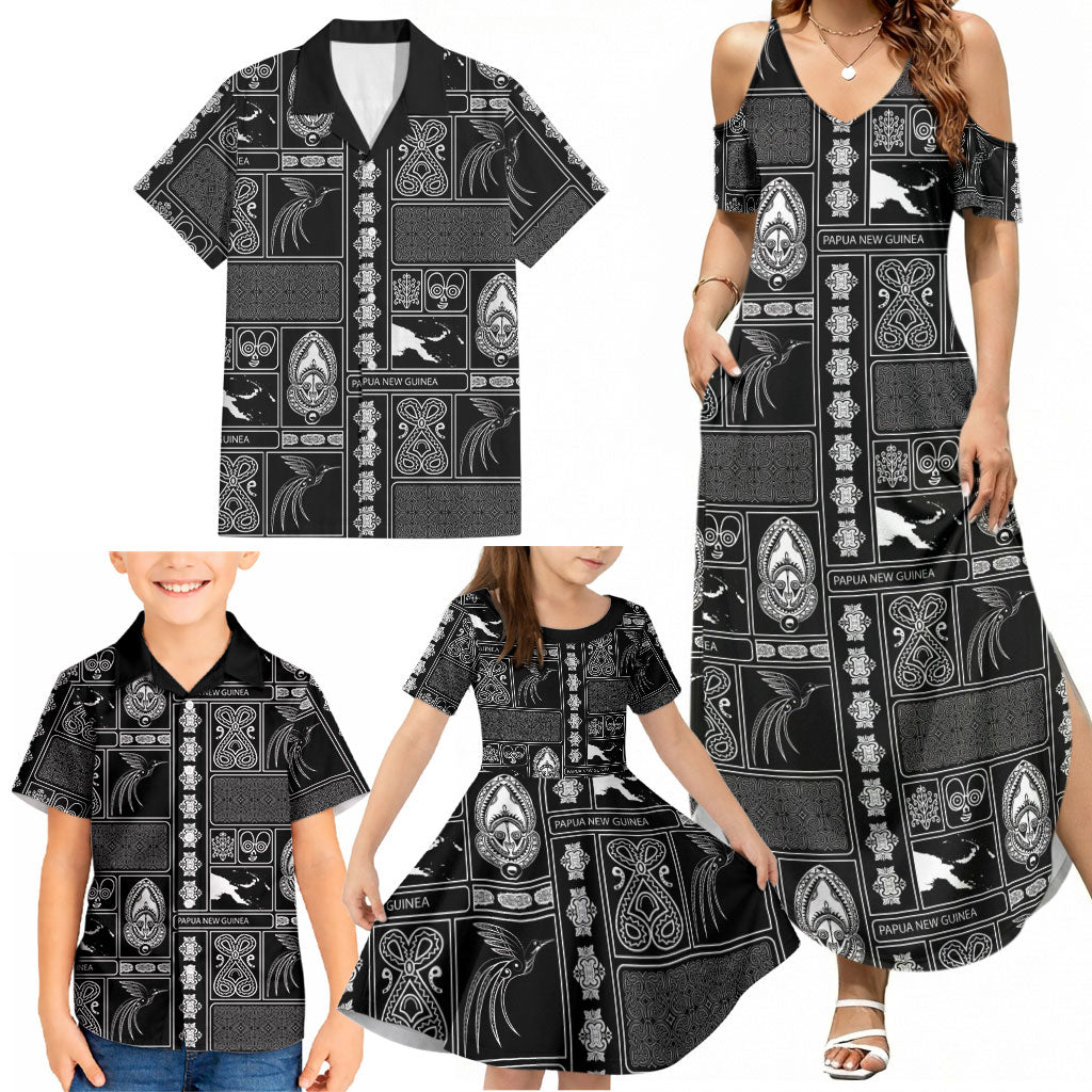 Papua New Guinea Heritage Motif Family Matching Summer Maxi Dress and Hawaiian Shirt Black Version LT05 - Polynesian Pride