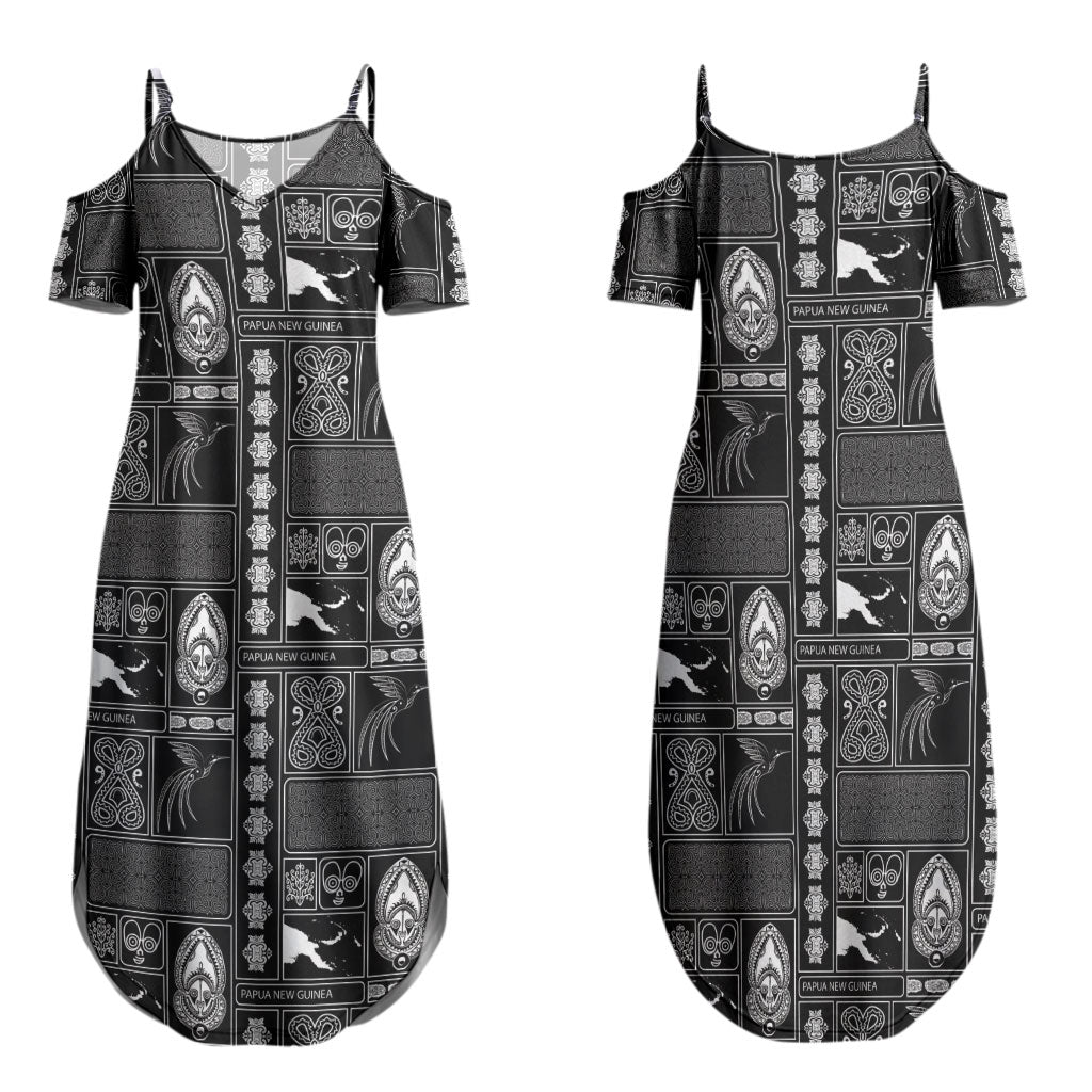 Papua New Guinea Heritage Motif Family Matching Summer Maxi Dress and Hawaiian Shirt Black Version LT05 Mom's Dress Black - Polynesian Pride