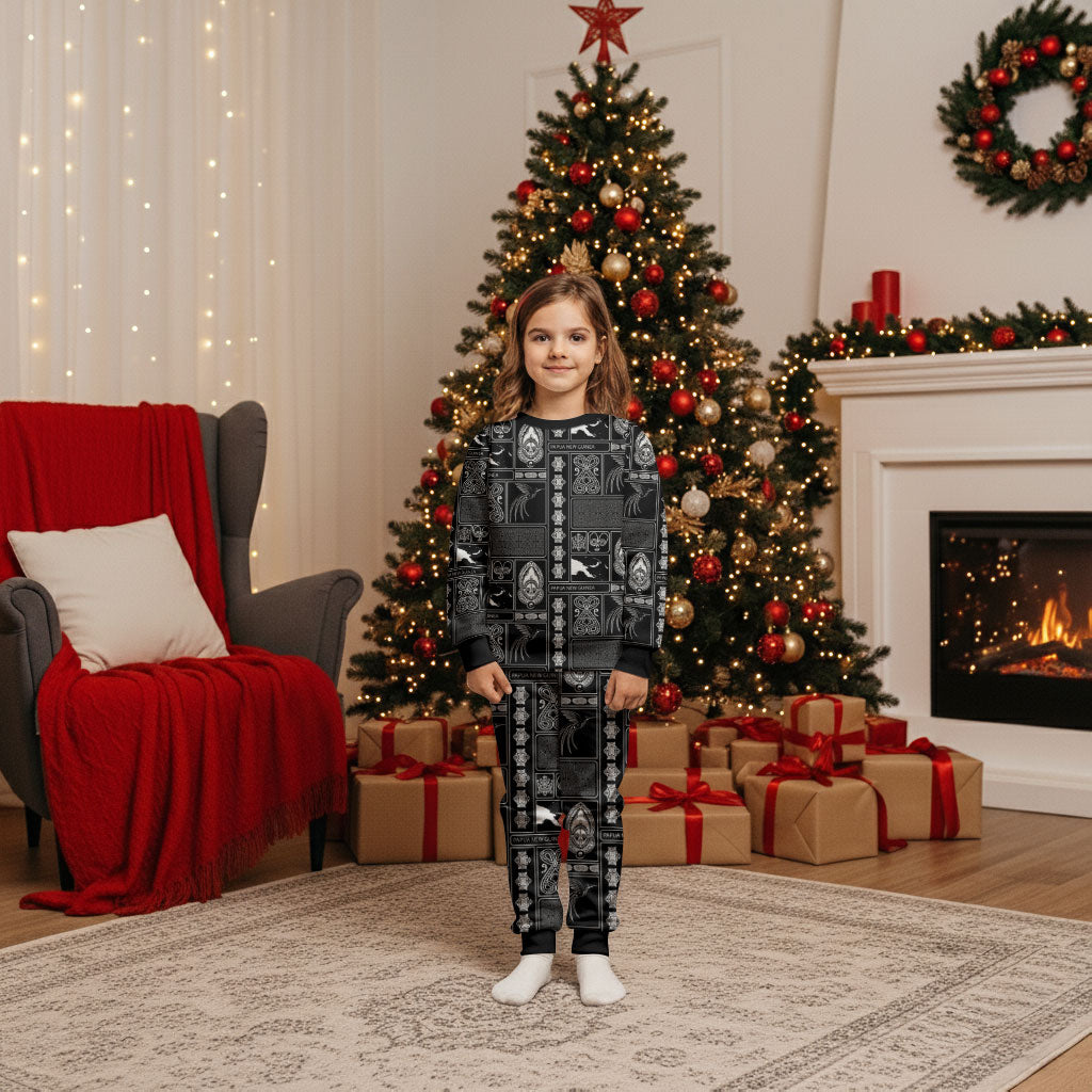 Papua New Guinea Heritage Motif Christmas Pajama Set Black Version LT05 Kid Black - Polynesian Pride