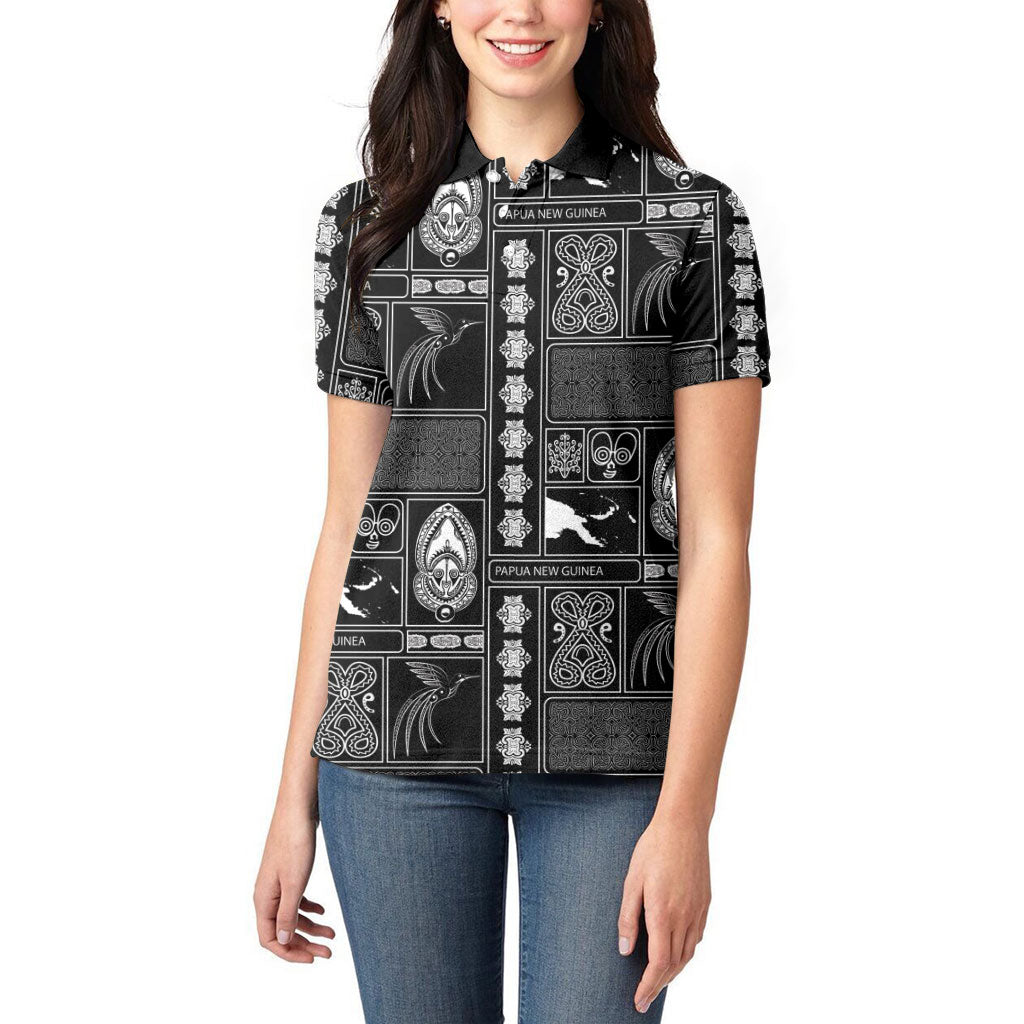 Papua New Guinea Heritage Motif Women Polo Shirt Black Version LT05 - Polynesian Pride