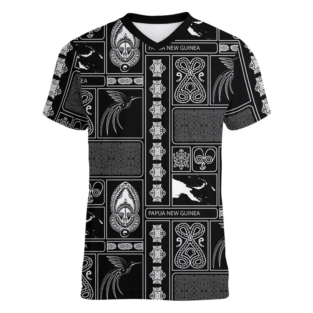 Papua New Guinea Heritage Motif Women V-Neck T-Shirt Black Version
