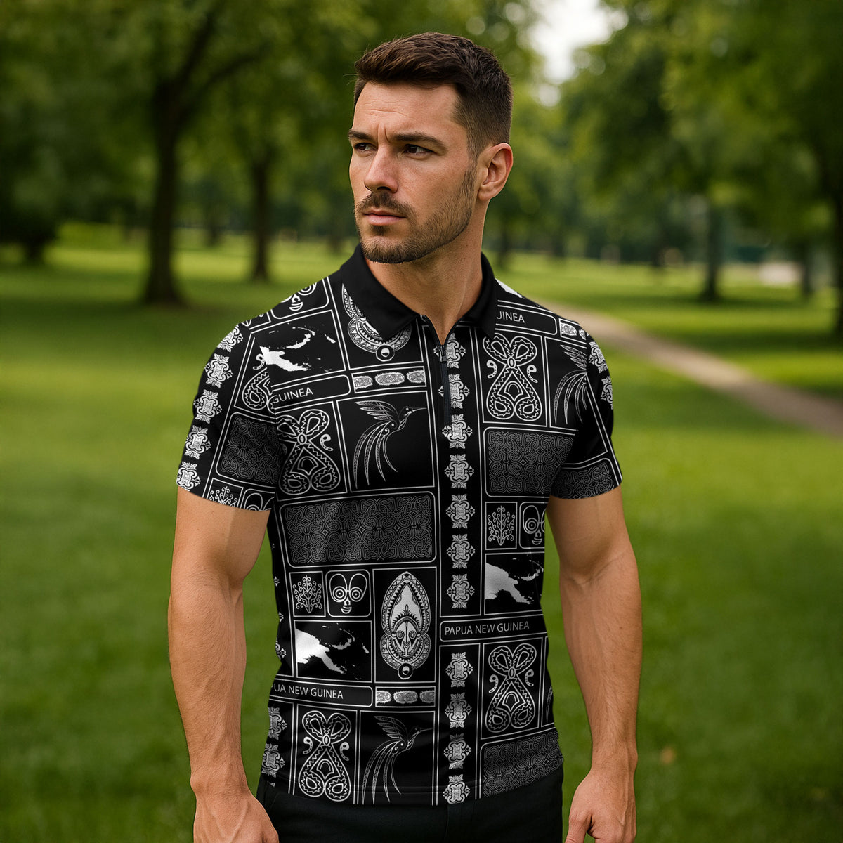 Papua New Guinea Heritage Motif Zipper Polo Shirt Black Version LT05 - Polynesian Pride