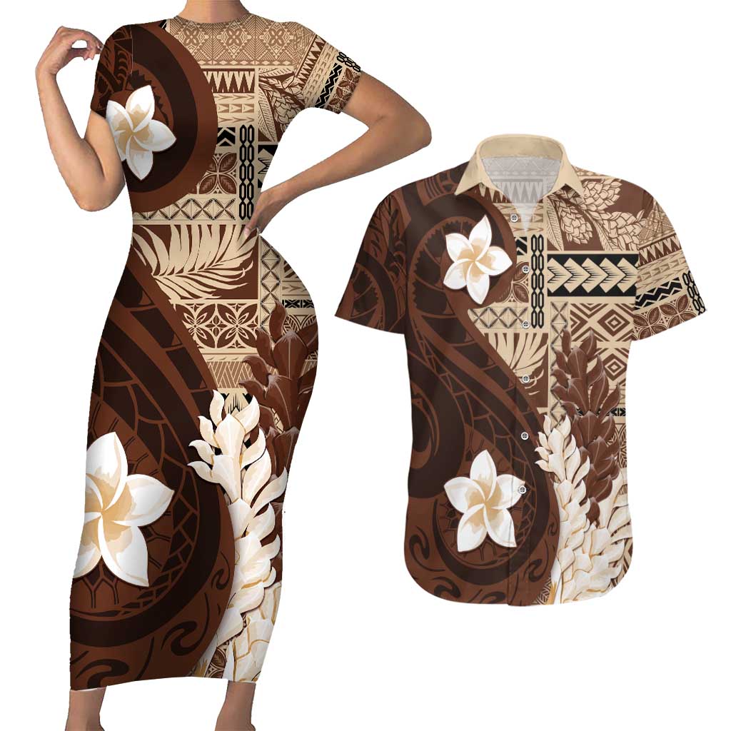 Samoa Teuila 2024 Couples Matching Short Sleeve Bodycon Dress and Hawaiian Shirt Samoan Siapo Pattern Brown Version