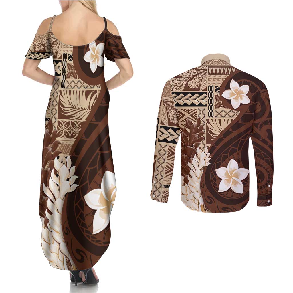 Samoa Teuila 2024 Couples Matching Summer Maxi Dress and Long Sleeve Button Shirt Samoan Siapo Pattern Brown Version