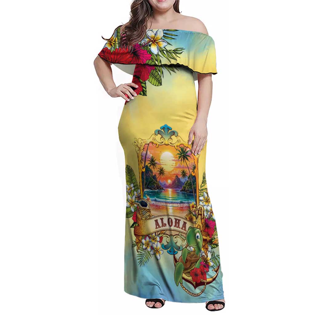Aloha Hawaii Turtle Family Matching Off Shoulder Maxi Dress and Hawaiian Shirt Retro Style - Polynesian Pride