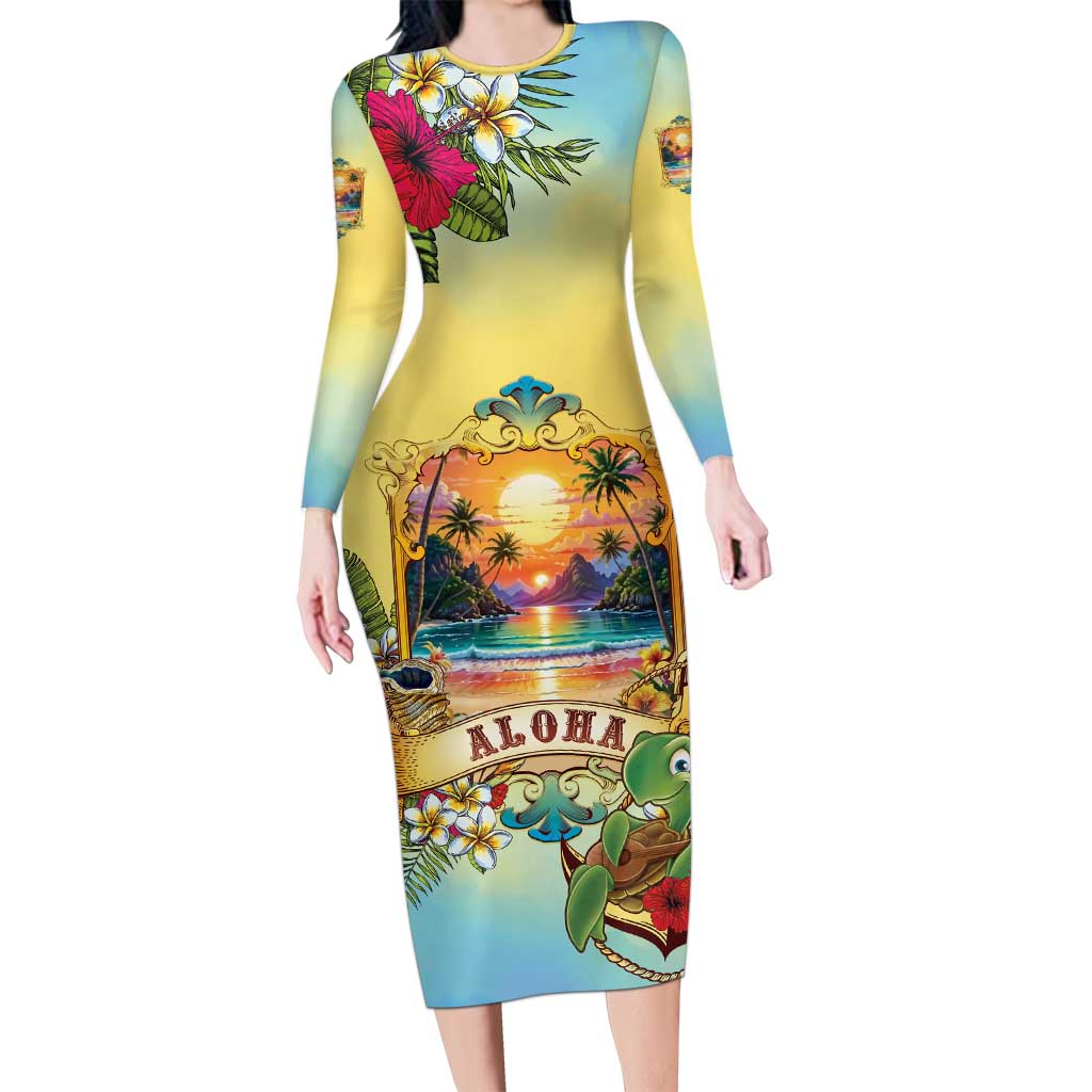 Aloha Hawaii Turtle Long Sleeve Bodycon Dress Retro Style - Polynesian Pride