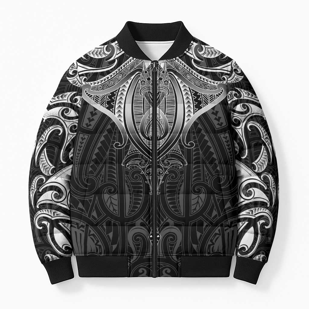 New Zealand Aotearoa Bomber Puffer Jacket Maori Manta Ray Moko Black - Polynesian Pride