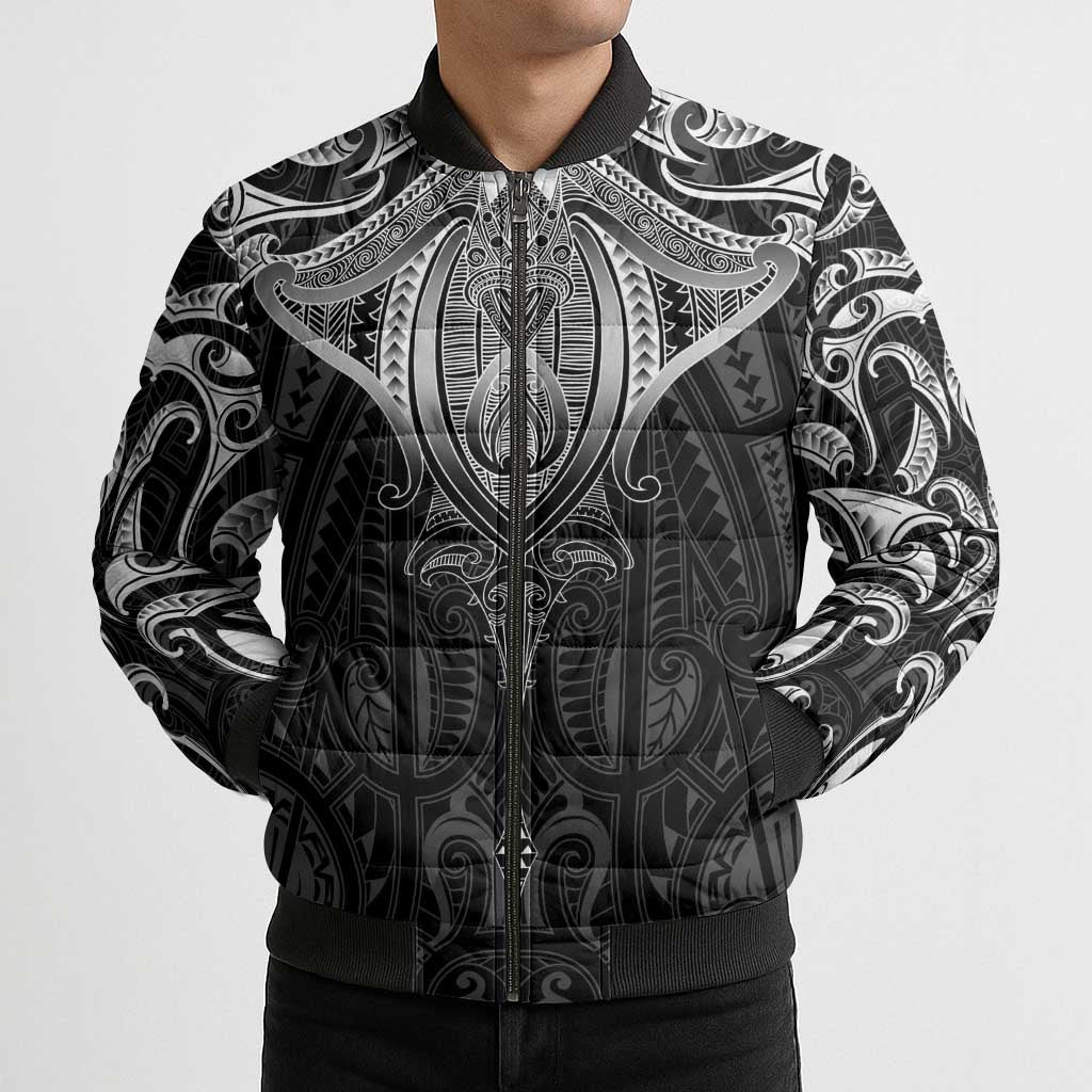 New Zealand Aotearoa Bomber Puffer Jacket Maori Manta Ray Moko Black - Polynesian Pride