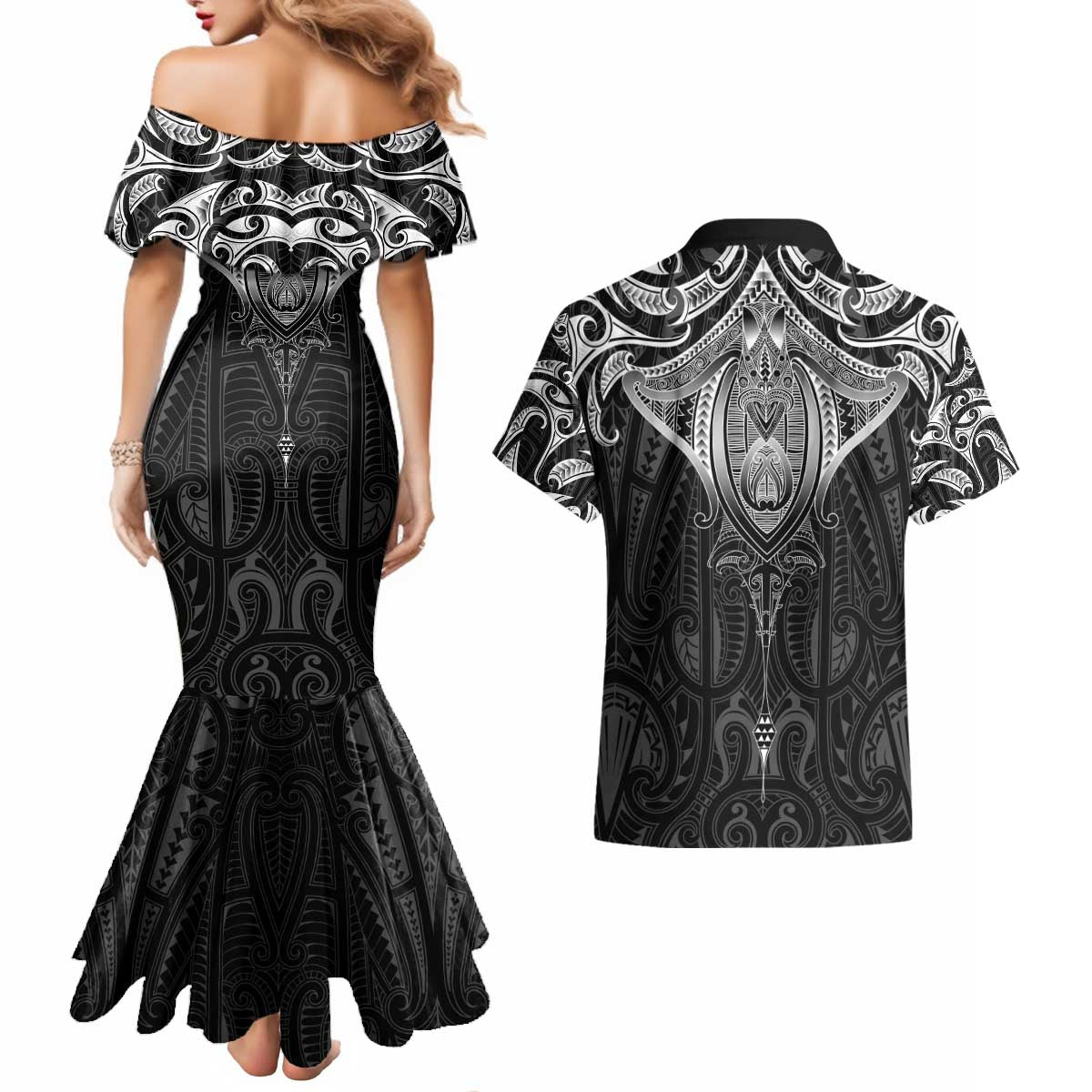 New Zealand Aotearoa Couples Matching Mermaid Dress and Hawaiian Shirt Maori Manta Ray Moko Black - Polynesian Pride