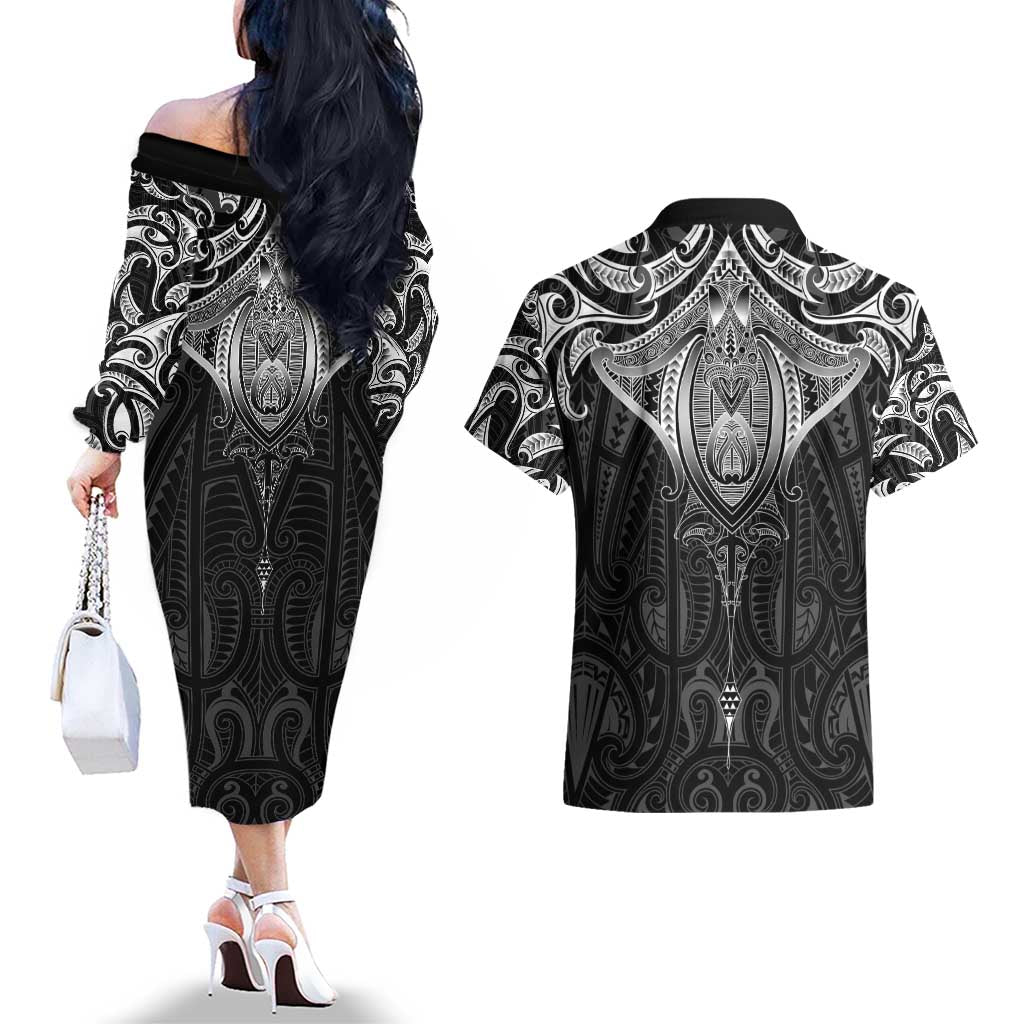 New Zealand Aotearoa Couples Matching Off The Shoulder Long Sleeve Dress and Hawaiian Shirt Maori Manta Ray Moko Black - Polynesian Pride