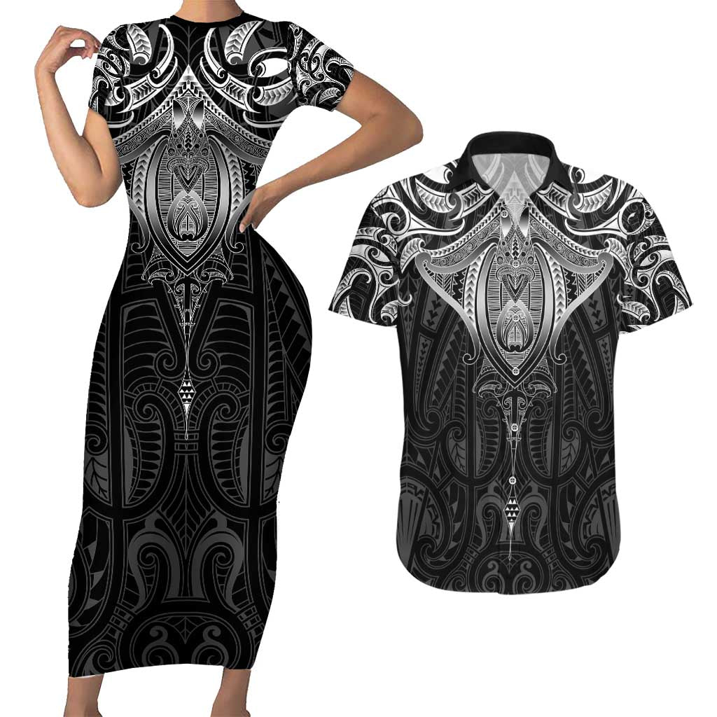 New Zealand Aotearoa Couples Matching Short Sleeve Bodycon Dress and Hawaiian Shirt Maori Manta Ray Moko Black - Polynesian Pride
