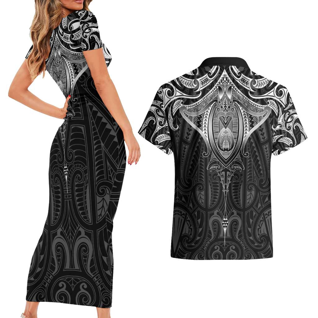 New Zealand Aotearoa Couples Matching Short Sleeve Bodycon Dress and Hawaiian Shirt Maori Manta Ray Moko Black - Polynesian Pride