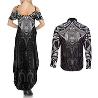New Zealand Aotearoa Couples Matching Summer Maxi Dress and Long Sleeve Button Shirt Maori Manta Ray Moko Black - Polynesian Pride