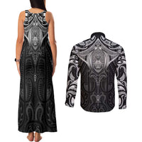 New Zealand Aotearoa Couples Matching Tank Maxi Dress and Long Sleeve Button Shirt Maori Manta Ray Moko Black - Polynesian Pride