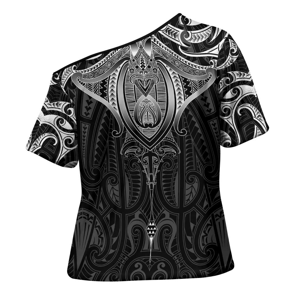 New Zealand Aotearoa Cross Shoulder Shirt Maori Manta Ray Moko Black - Polynesian Pride