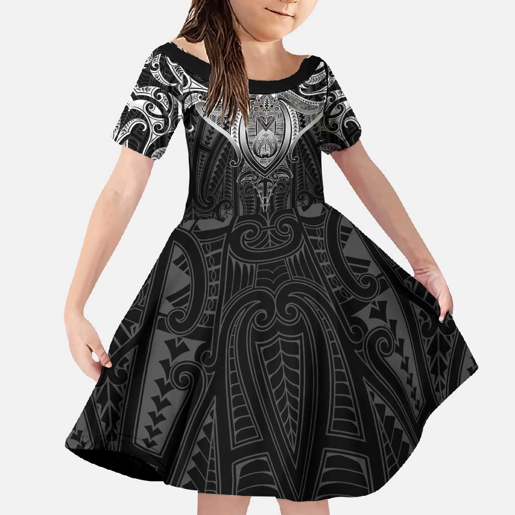 New Zealand Aotearoa Family Matching Long Sleeve Bodycon Dress and Hawaiian Shirt Maori Manta Ray Moko Black LT05 Daughter's Dress Black - Polynesian Pride