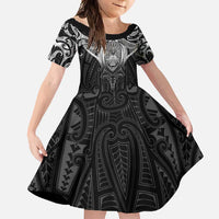 New Zealand Aotearoa Family Matching Long Sleeve Bodycon Dress and Hawaiian Shirt Maori Manta Ray Moko Black LT05 Daughter's Dress Black - Polynesian Pride