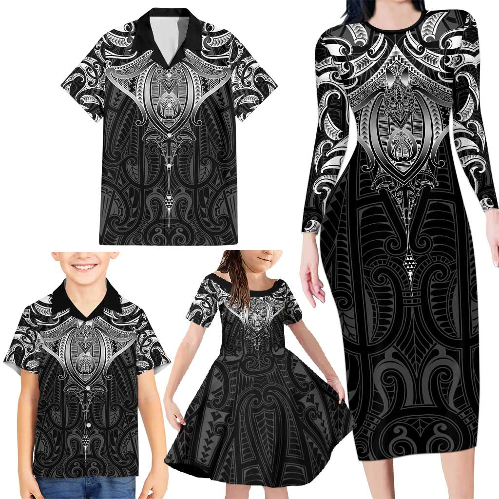 New Zealand Aotearoa Family Matching Long Sleeve Bodycon Dress and Hawaiian Shirt Maori Manta Ray Moko Black LT05 - Polynesian Pride