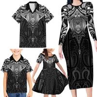New Zealand Aotearoa Family Matching Long Sleeve Bodycon Dress and Hawaiian Shirt Maori Manta Ray Moko Black LT05 - Polynesian Pride