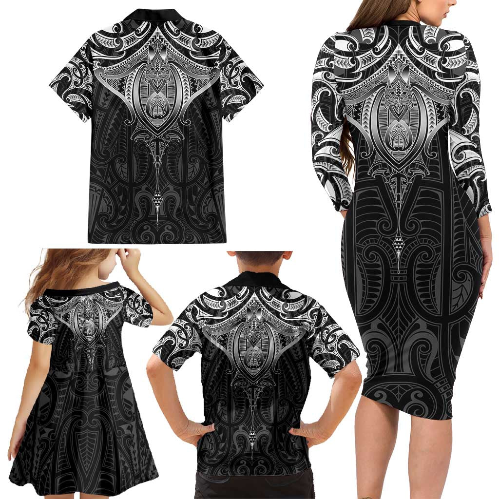 New Zealand Aotearoa Family Matching Long Sleeve Bodycon Dress and Hawaiian Shirt Maori Manta Ray Moko Black LT05 - Polynesian Pride