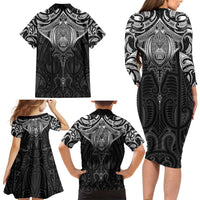 New Zealand Aotearoa Family Matching Long Sleeve Bodycon Dress and Hawaiian Shirt Maori Manta Ray Moko Black LT05 - Polynesian Pride