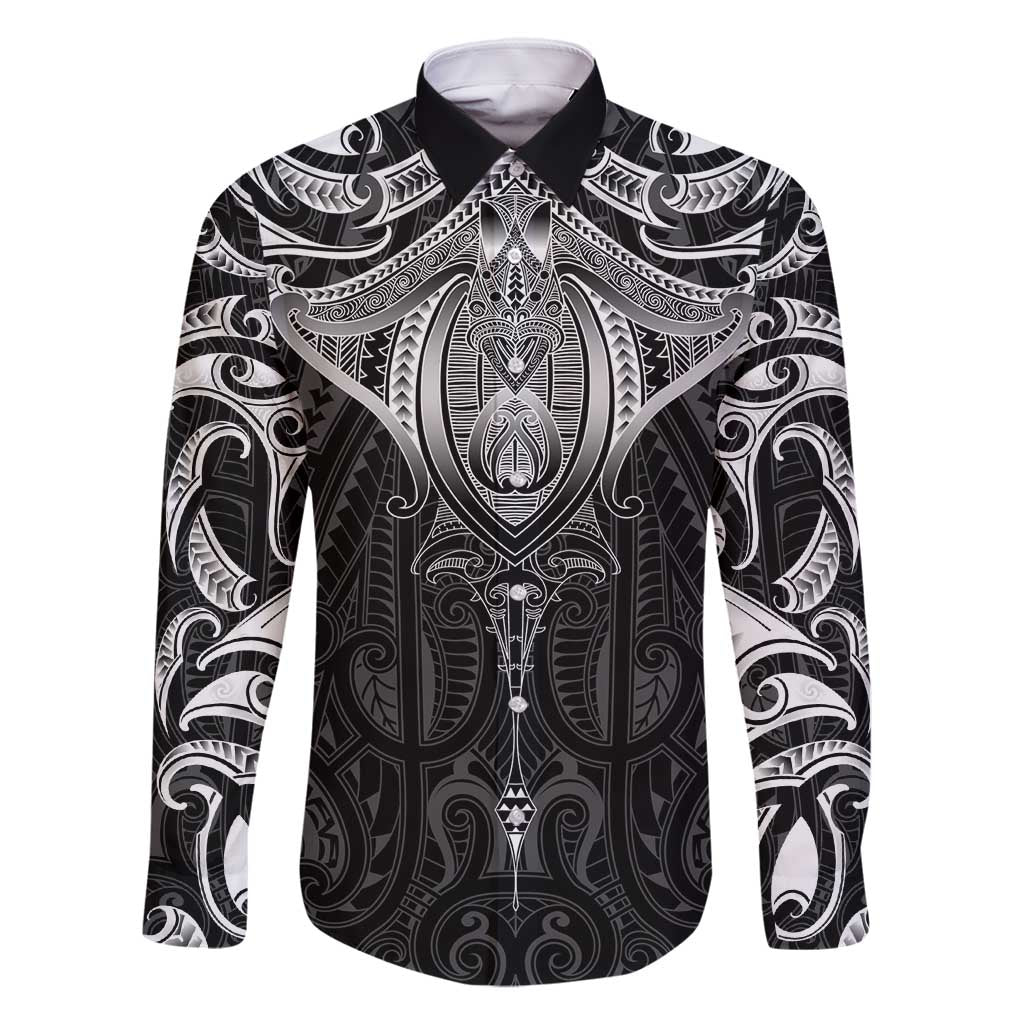 New Zealand Aotearoa Family Matching Long Sleeve Bodycon Dress and Hawaiian Shirt Maori Manta Ray Moko Black LT05 Dad's Shirt - Long Sleeve Black - Polynesian Pride