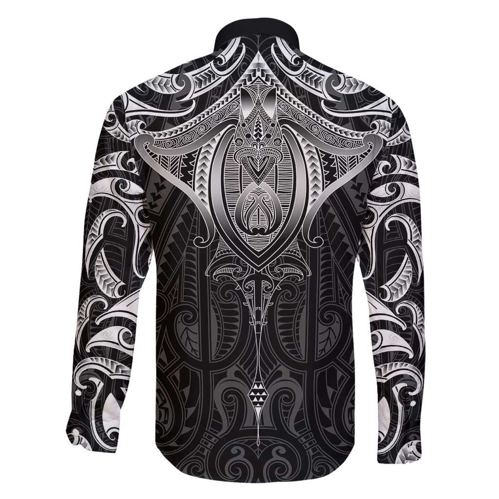 New Zealand Aotearoa Family Matching Long Sleeve Bodycon Dress and Hawaiian Shirt Maori Manta Ray Moko Black LT05 - Polynesian Pride