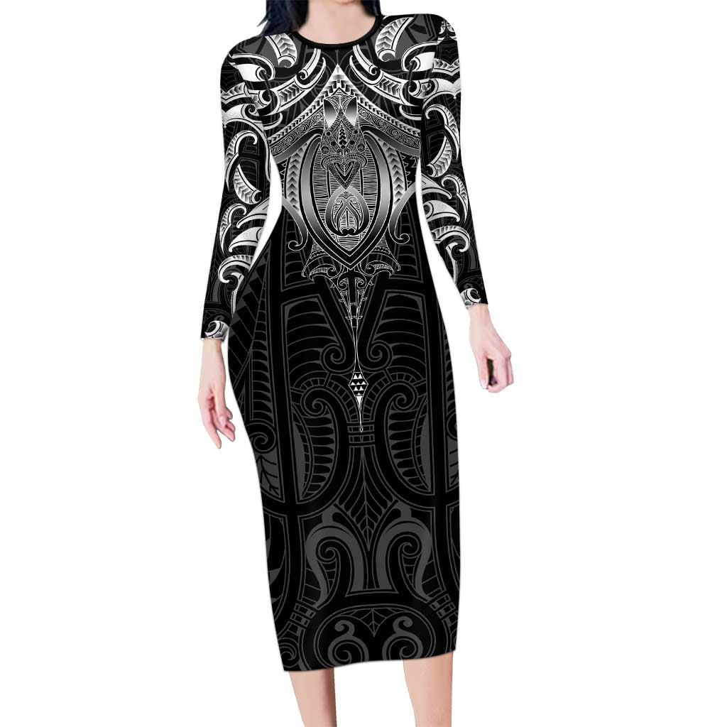 New Zealand Aotearoa Family Matching Long Sleeve Bodycon Dress and Hawaiian Shirt Maori Manta Ray Moko Black LT05 Mom's Dress Black - Polynesian Pride