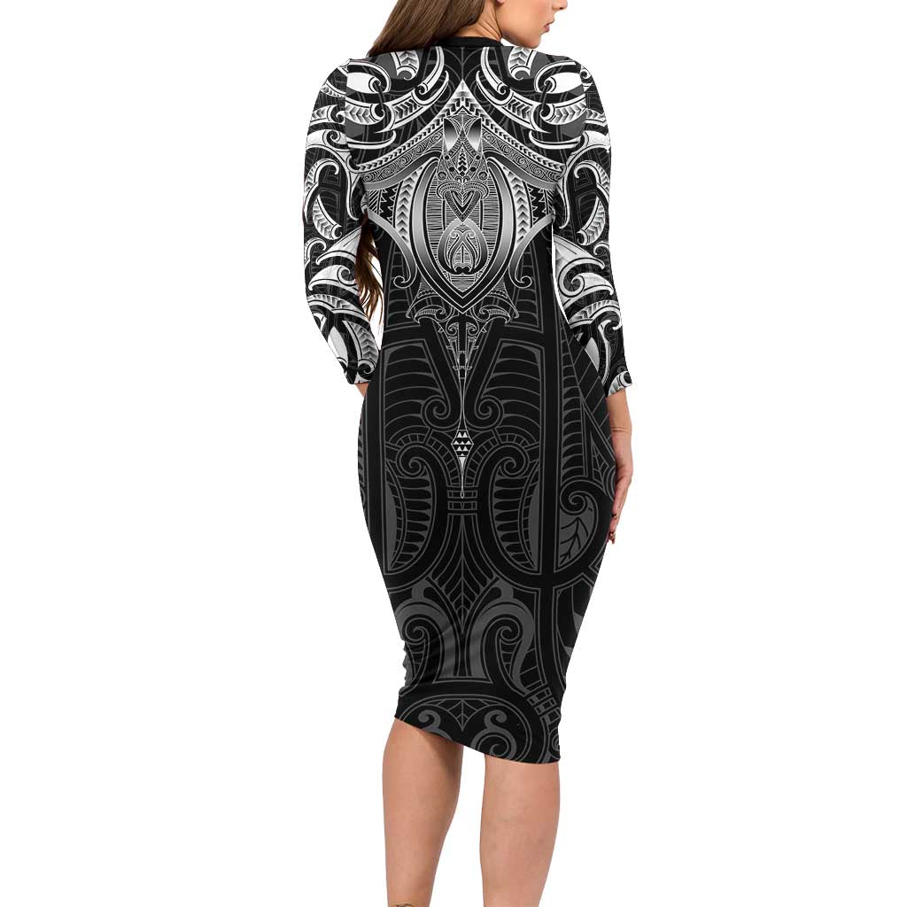 New Zealand Aotearoa Family Matching Long Sleeve Bodycon Dress and Hawaiian Shirt Maori Manta Ray Moko Black LT05 - Polynesian Pride