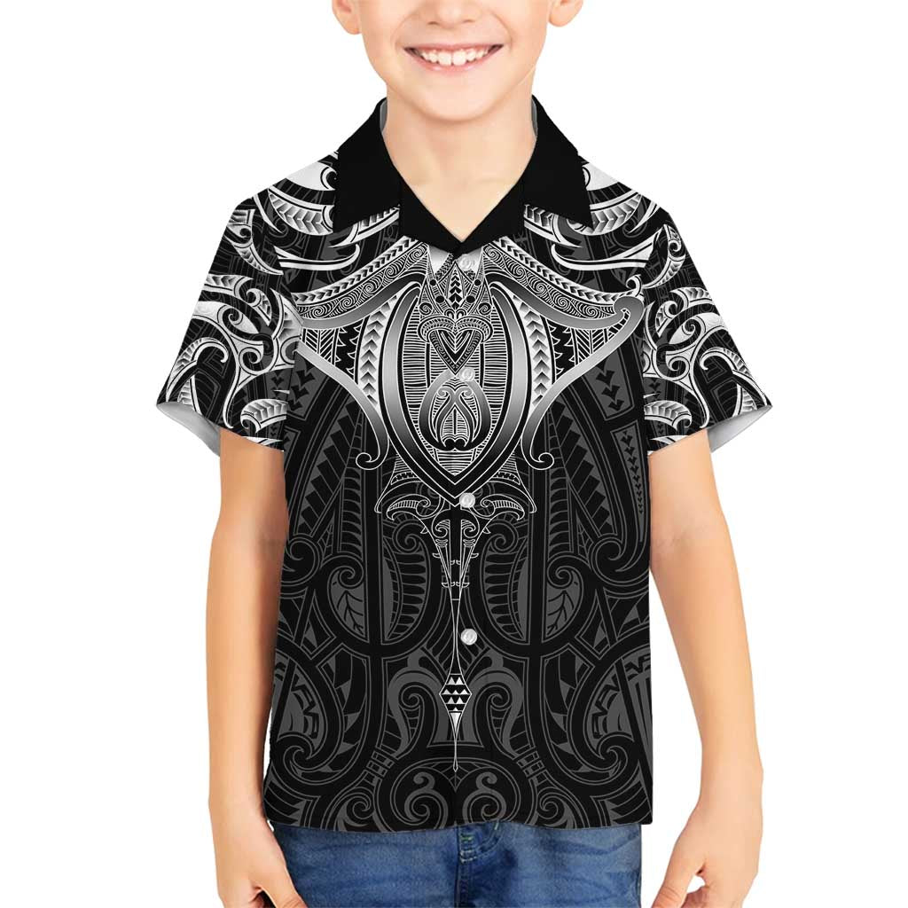 New Zealand Aotearoa Family Matching Long Sleeve Bodycon Dress and Hawaiian Shirt Maori Manta Ray Moko Black LT05 Son's Shirt Black - Polynesian Pride