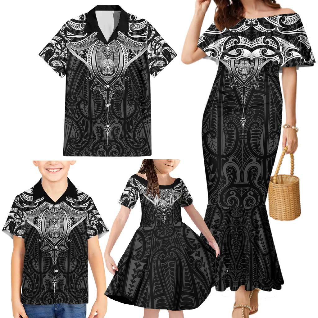 New Zealand Aotearoa Family Matching Mermaid Dress and Hawaiian Shirt Maori Manta Ray Moko Black LT05 - Polynesian Pride