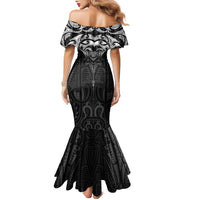 New Zealand Aotearoa Family Matching Mermaid Dress and Hawaiian Shirt Maori Manta Ray Moko Black LT05 - Polynesian Pride