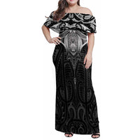 New Zealand Aotearoa Family Matching Off Shoulder Maxi Dress and Hawaiian Shirt Maori Manta Ray Moko Black - Polynesian Pride