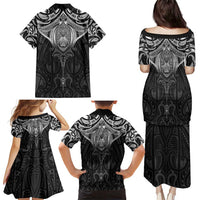 New Zealand Aotearoa Family Matching Puletasi and Hawaiian Shirt Maori Manta Ray Moko Black - Polynesian Pride