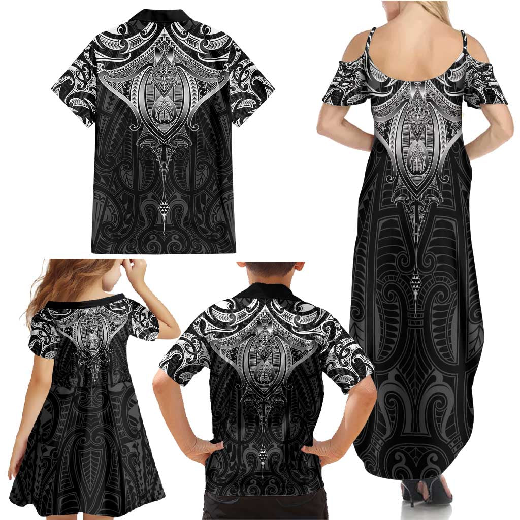 New Zealand Aotearoa Family Matching Summer Maxi Dress and Hawaiian Shirt Maori Manta Ray Moko Black - Polynesian Pride