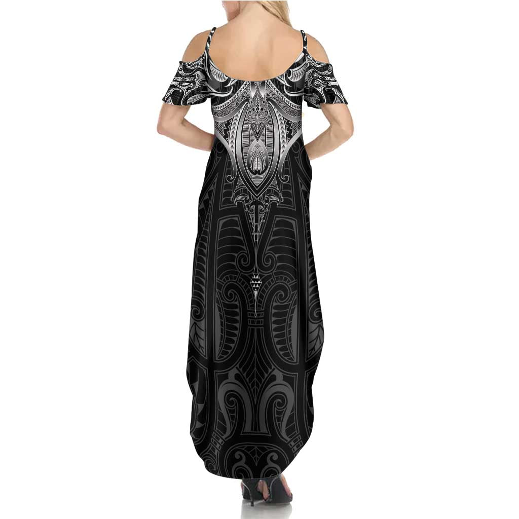 New Zealand Aotearoa Family Matching Summer Maxi Dress and Hawaiian Shirt Maori Manta Ray Moko Black - Polynesian Pride