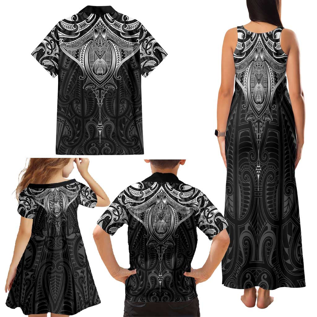 New Zealand Aotearoa Family Matching Tank Maxi Dress and Hawaiian Shirt Maori Manta Ray Moko Black - Polynesian Pride