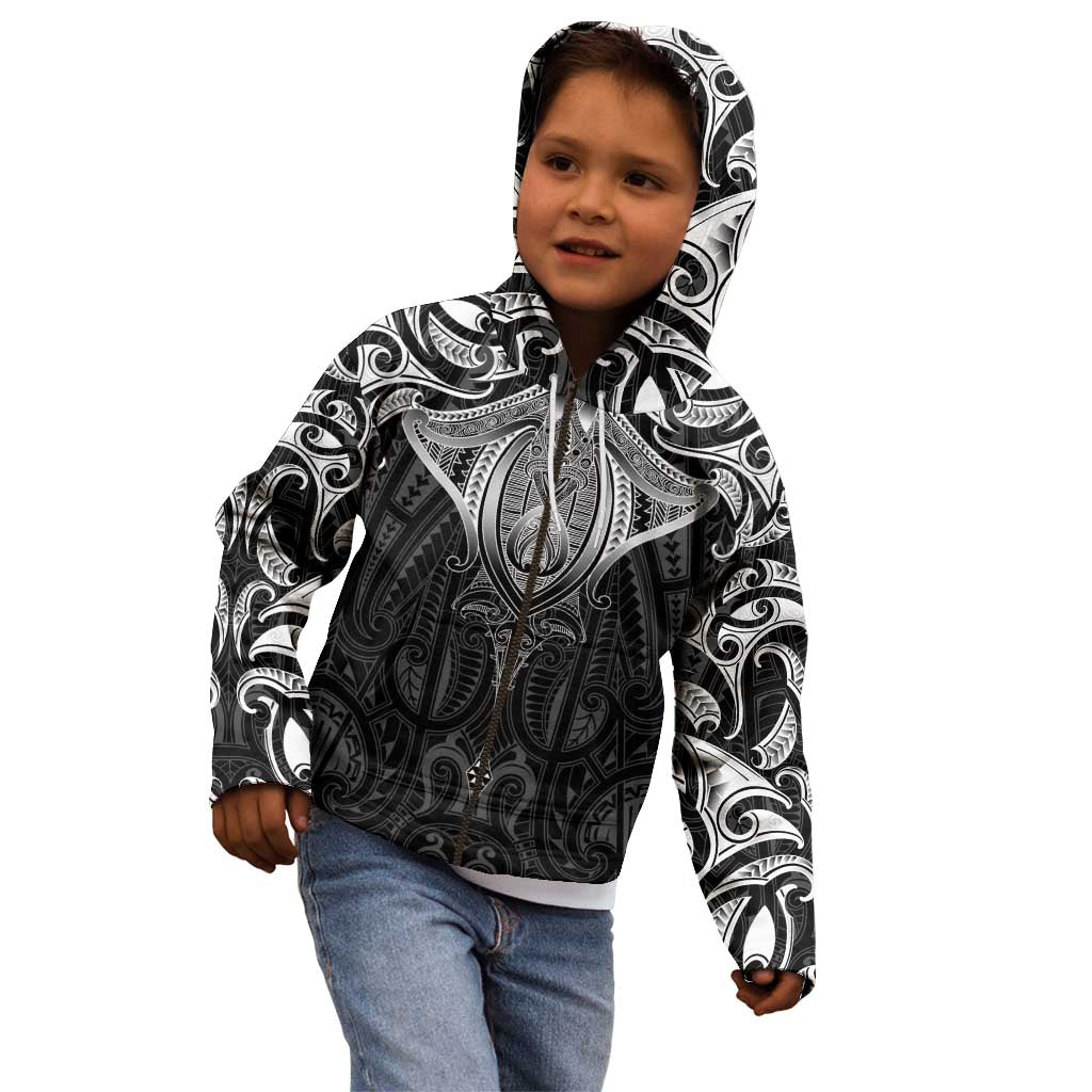 New Zealand Aotearoa Kid Hoodie Maori Manta Ray Moko Black - Polynesian Pride