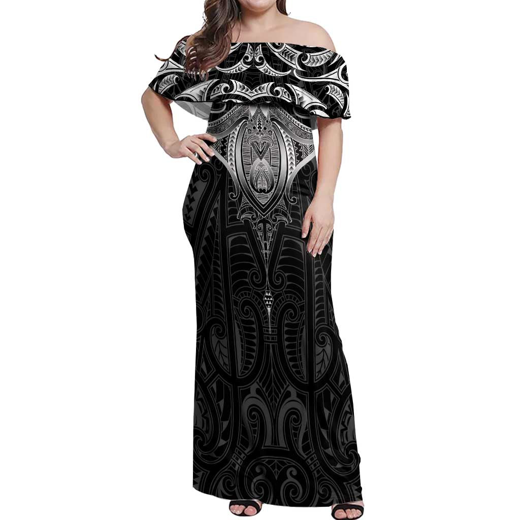 New Zealand Aotearoa Off Shoulder Maxi Dress Maori Manta Ray Moko Black - Polynesian Pride