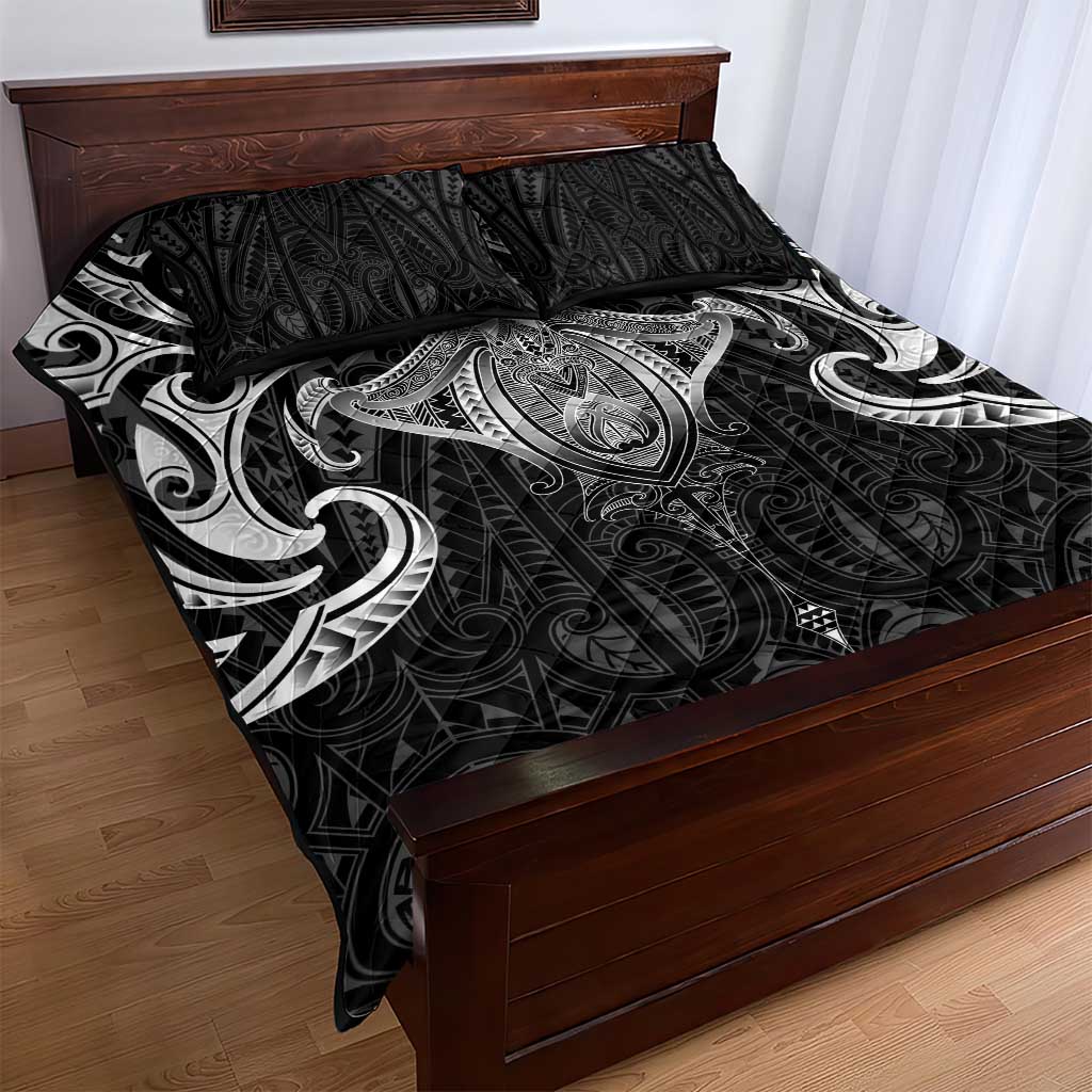 New Zealand Aotearoa Quilt Bed Set Maori Manta Ray Moko Black - Polynesian Pride