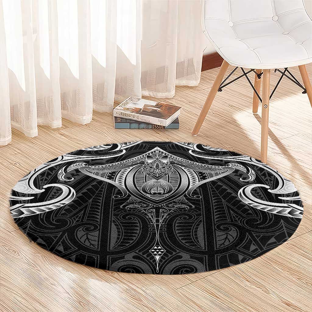 New Zealand Aotearoa Round Carpet Maori Manta Ray Moko Black - Polynesian Pride