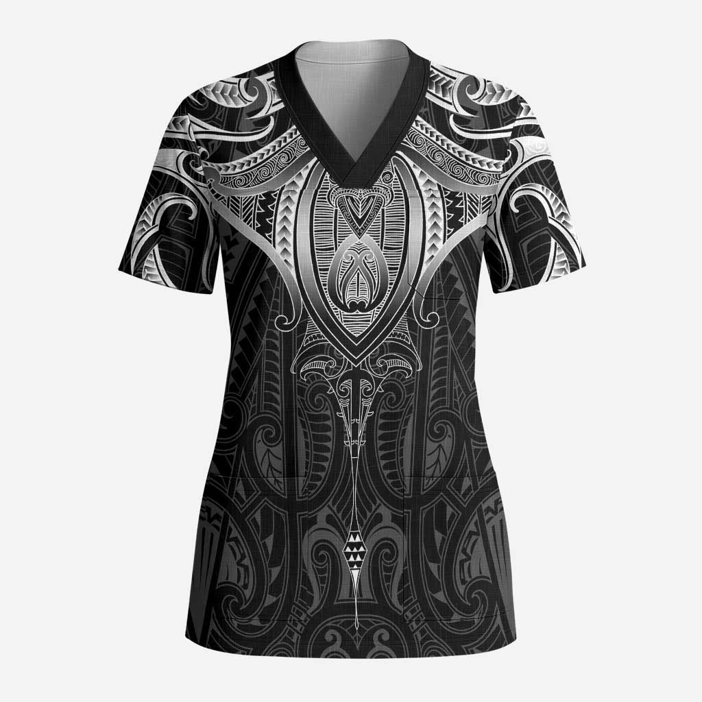 New Zealand Aotearoa Scrub Top Maori Manta Ray Moko Black - Polynesian Pride